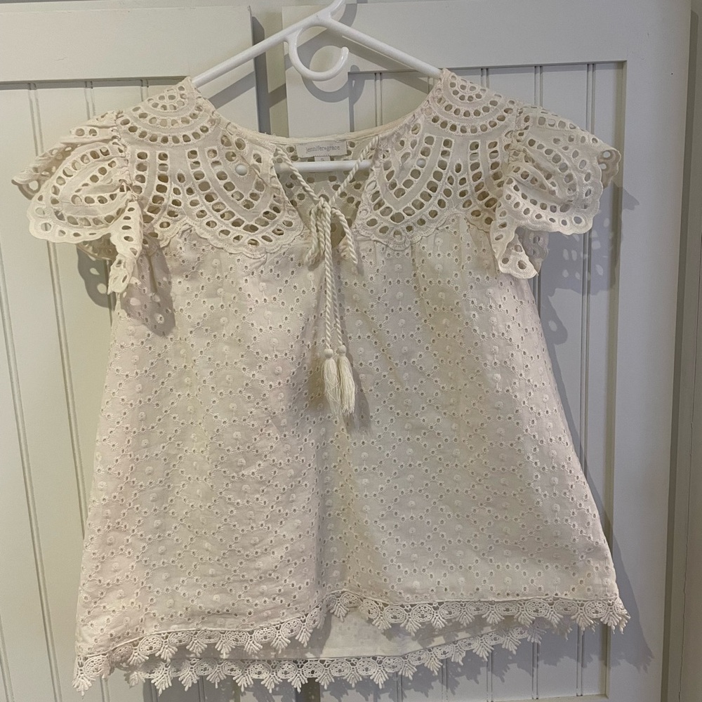 Jennifer & Grace Eyelet Peasant Top Size Small EUC